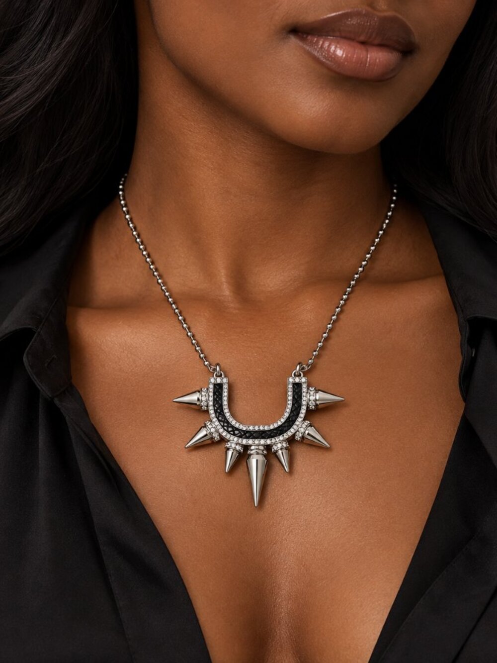 nOir Silver Tone Crystal Spike Statement Necklace